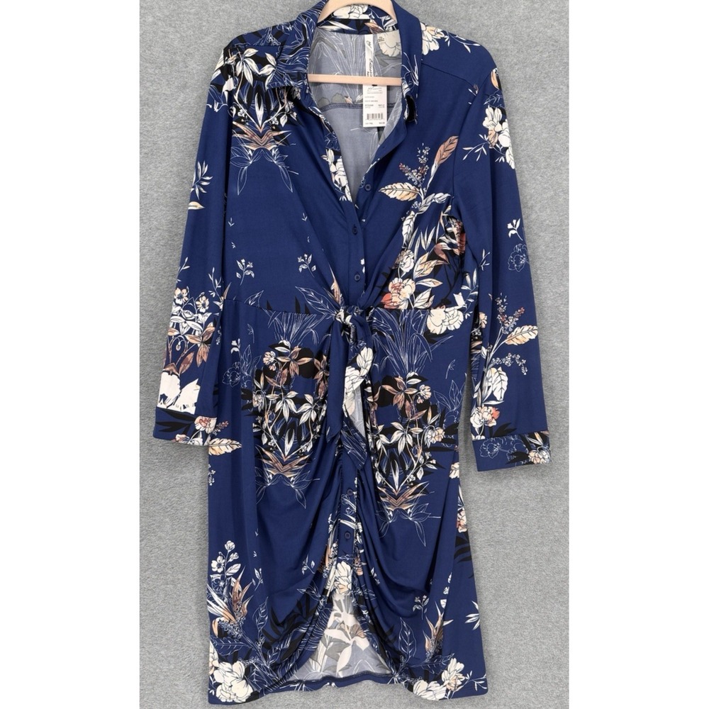 Women's Floral Tie Waist Shirt Dress Petite PXL Navy Blue Long Sleeve Button Up
